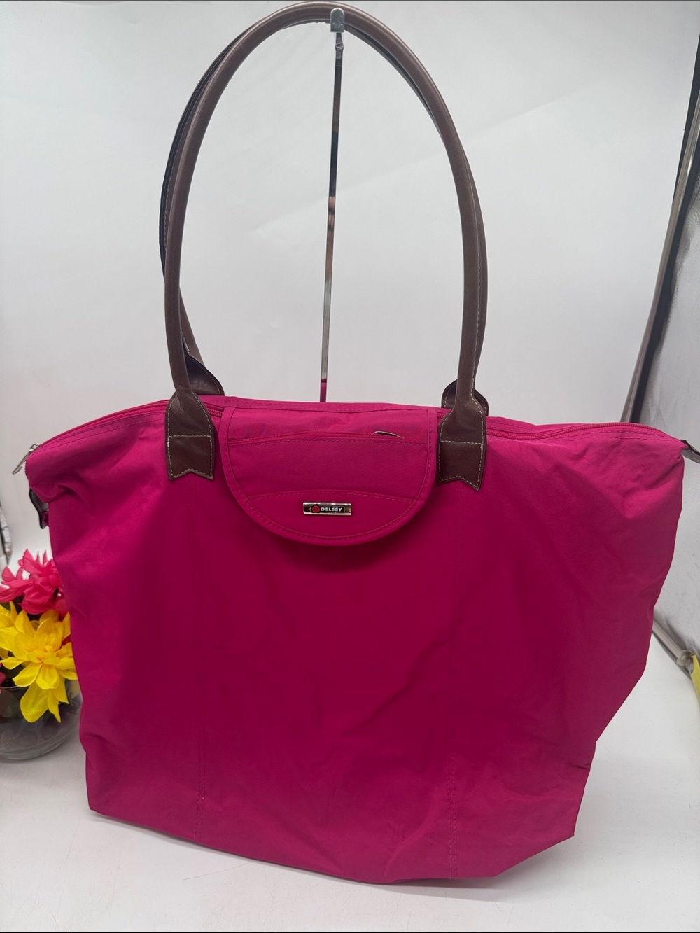 Delsey Large Pink Tote with Brown Leather Handles